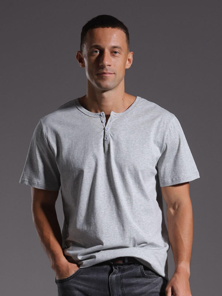 American-Style Loose Pure Cotton Henley T-Shirt
