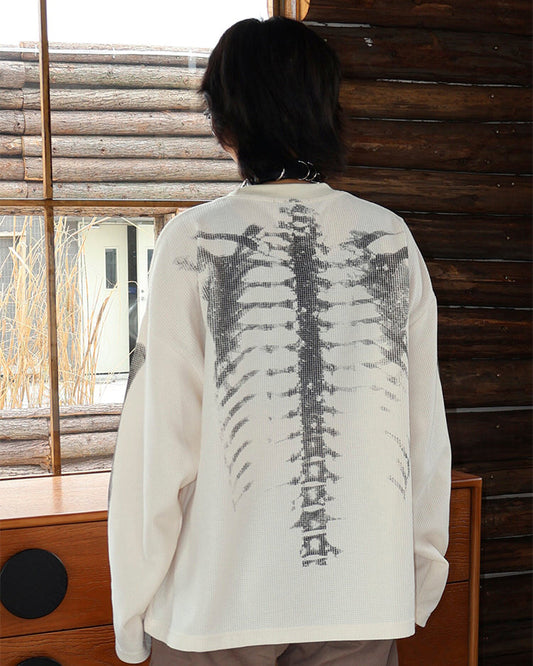 KIIKIO Skull Print Waffle Long Sleeve T-Shirt