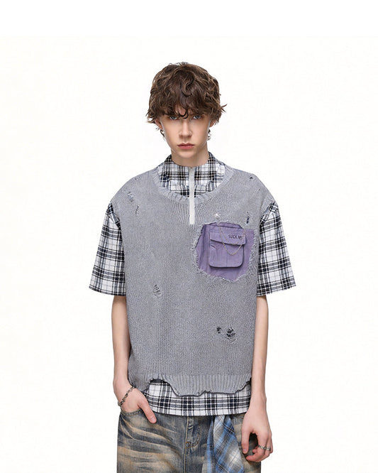 Patchwork Distressed Plaid Layered Knit T-Shirt