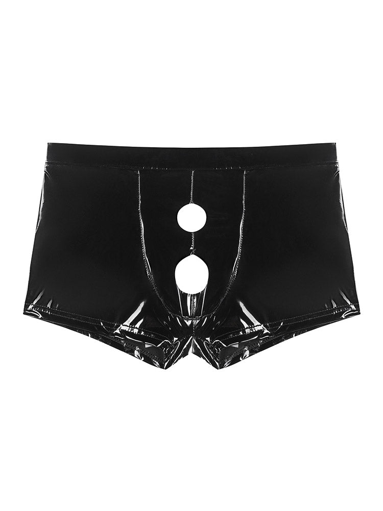 Men's Front Crotch Hollow Design PVC Shiny Shorts