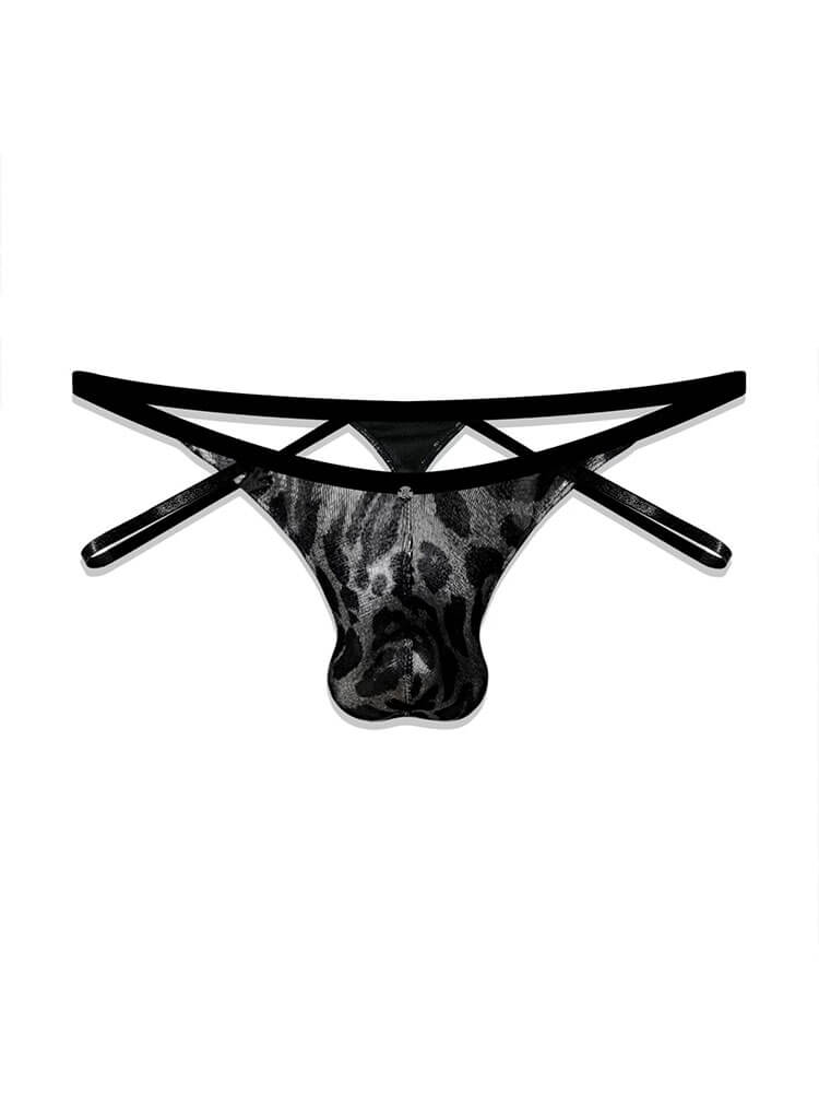 Men's Sexy Metallic Silver Black Leopard Thong