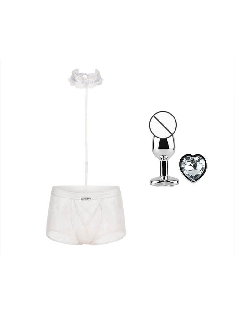 Men's Sexy White Lace Choker Cutout Boxer Briefs Set