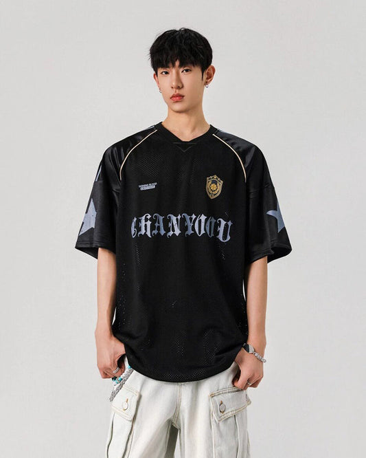 Y2K Star Patch Mesh Football Jersey Tee New