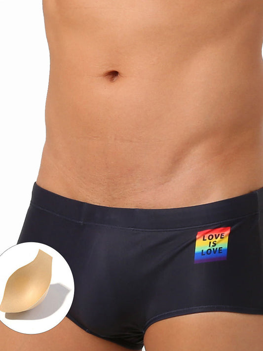 Rainbow Slogan Fashion With Cups Swim Trunks