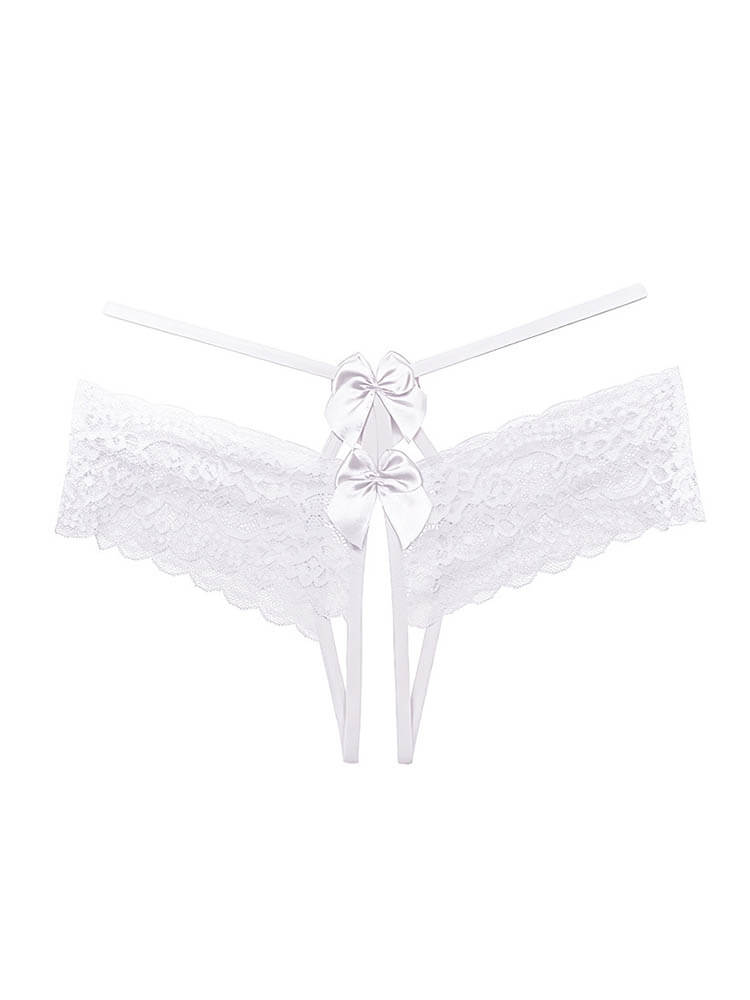 Sexy No-Remove Bow Lace Open Crotch Thong