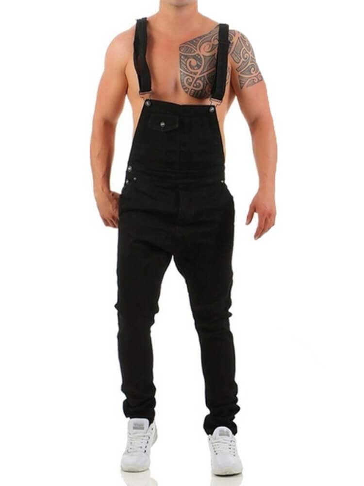 Men's Cross Back Solid Color Denim Overalls