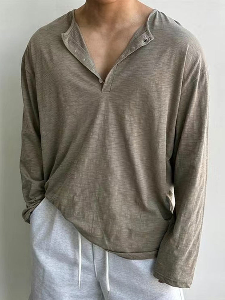Men's Loose Henley Collar Long-sleeved T-shirt