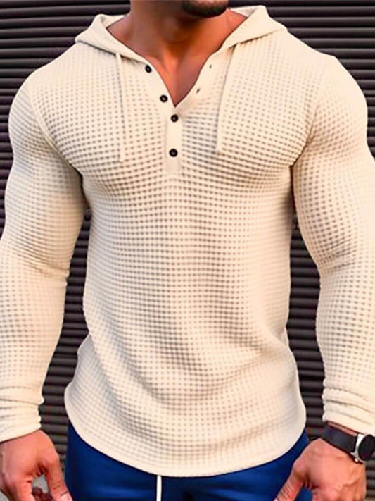 Men's Solid Color Waffle Button-Down Hooded Top