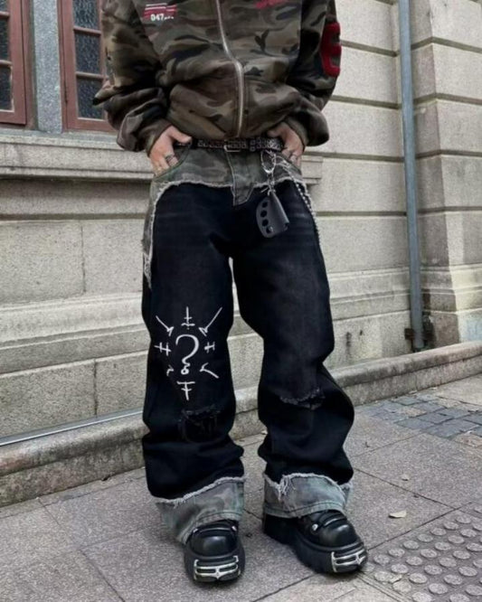 Punk Camouflage Patchwork Ripped Flared Jeans