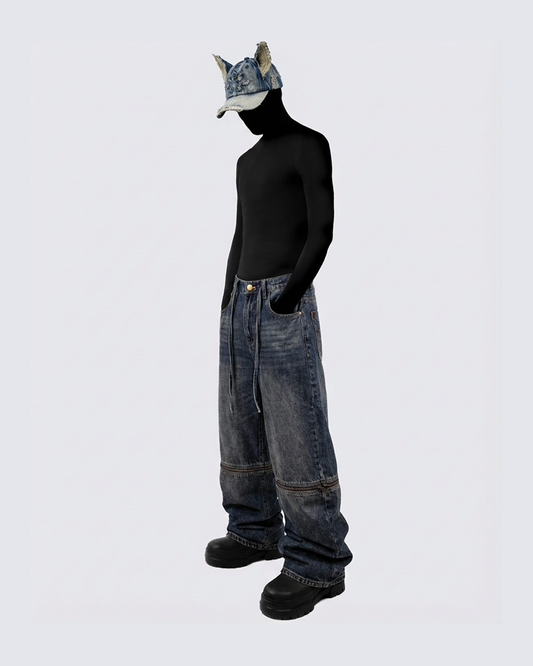 Zip-Off Panel Wide-Leg Denim Pants