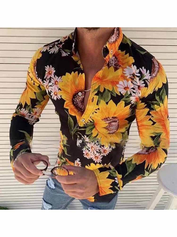 Men's Casual Sunflower Print Collared Holiday Shirt