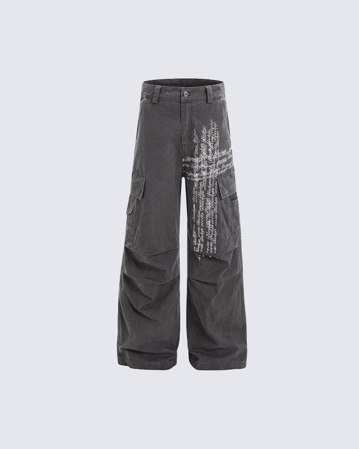 Cross Letter Print Wide-Leg Cargo Pants