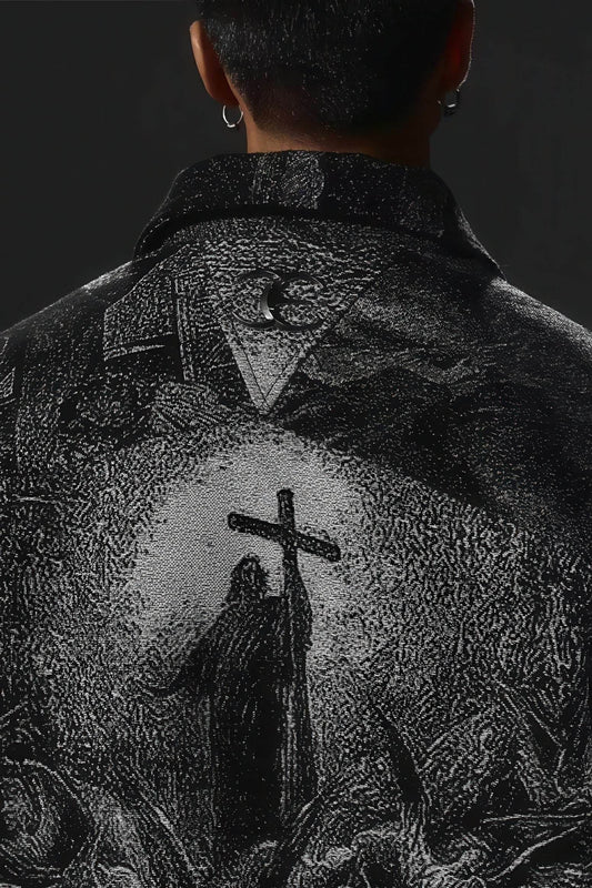 Avant-Garde Oversized Blazer - Textured Jacquard for Dark Fashion
