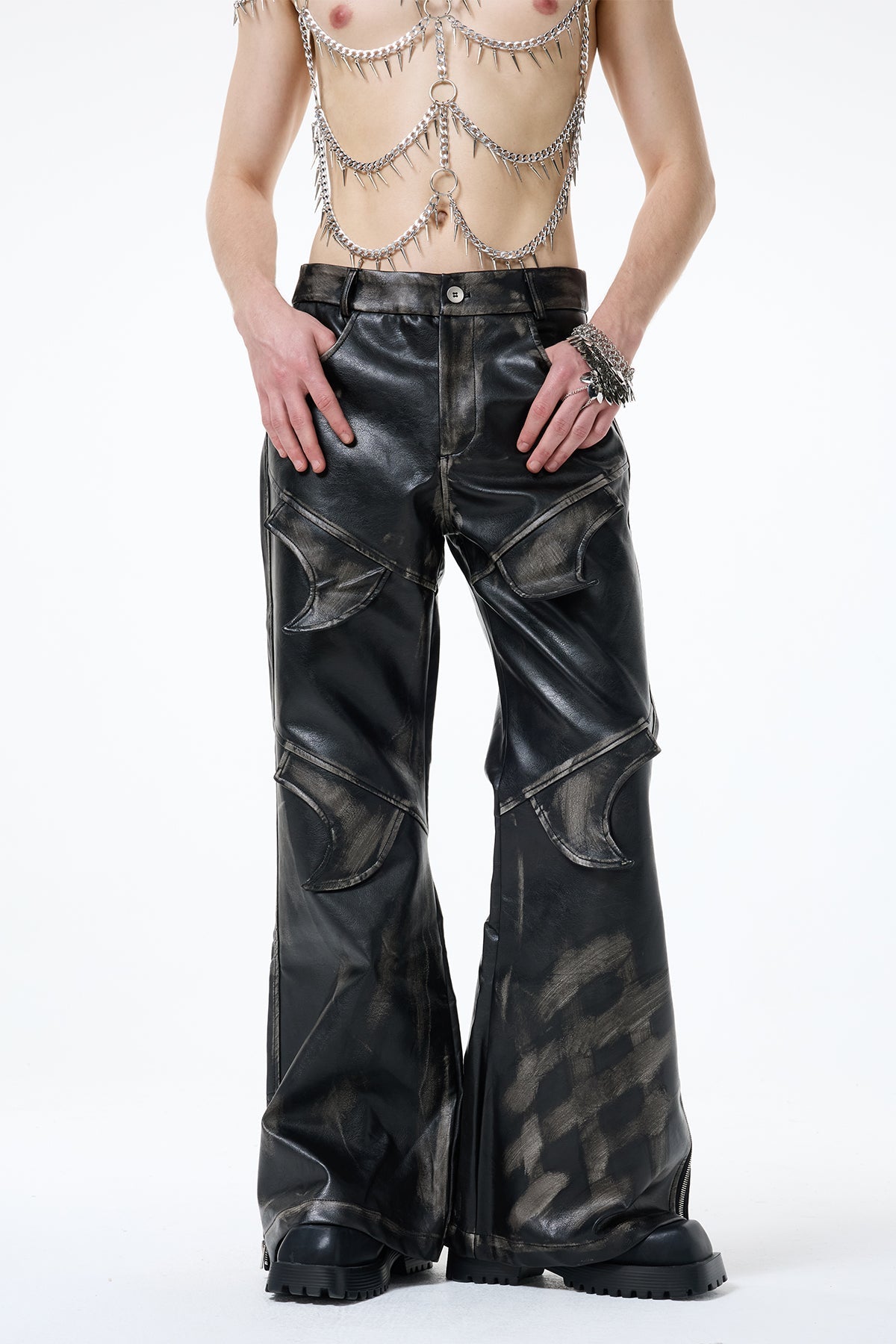 Black Loop Deconstructed Leather Bootcut Pants
