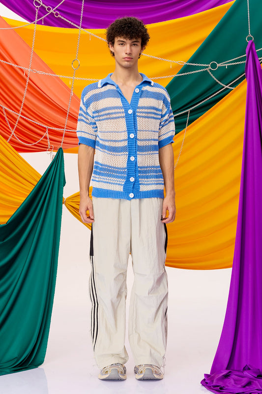 Calm Weaving Stripe Knit Shirt Blue