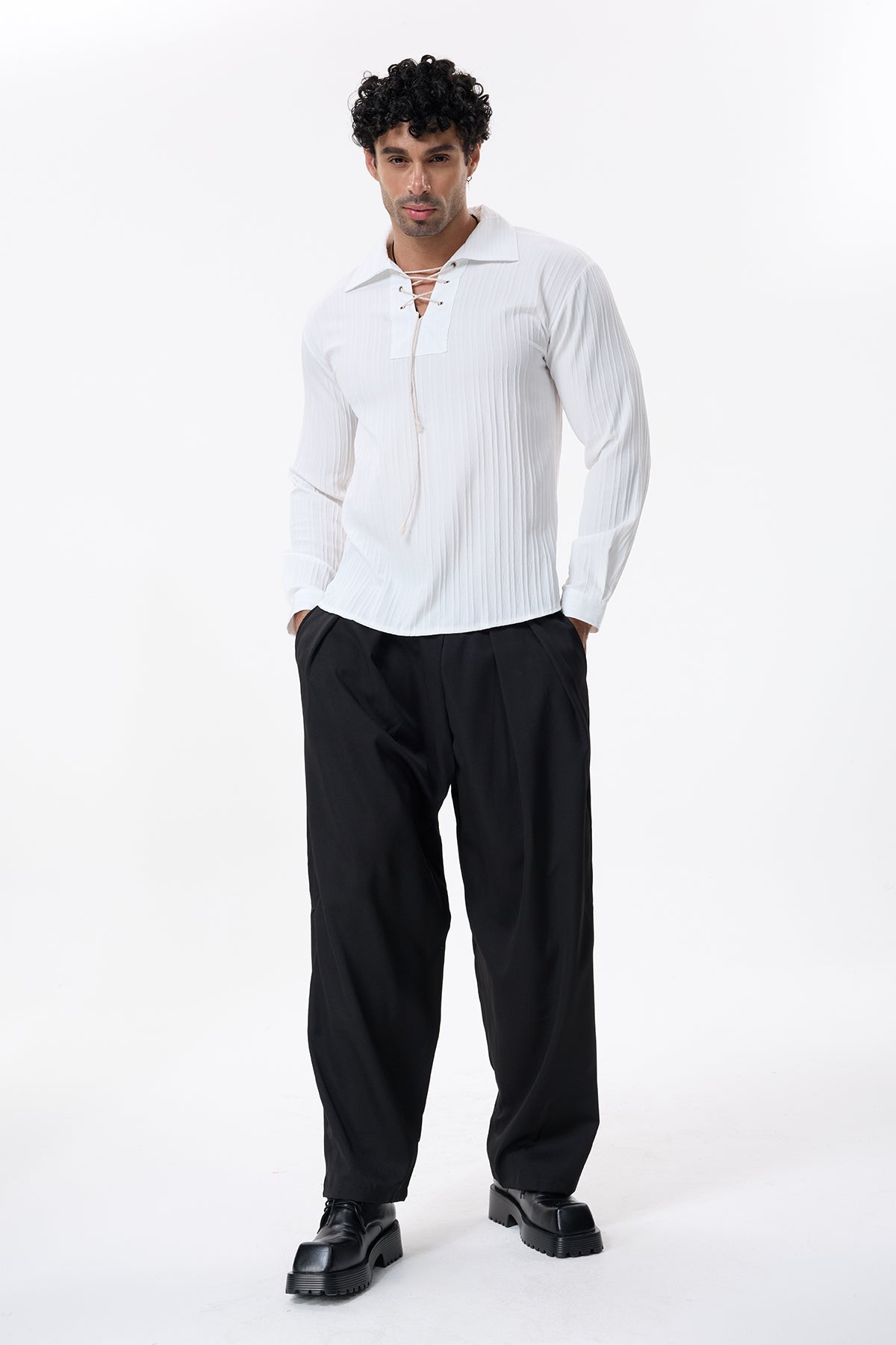 Charcoal Layer V Neck Lace Up Shirt