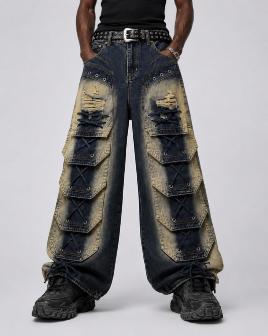 Distressed Layered Cargo Pants With Lacing