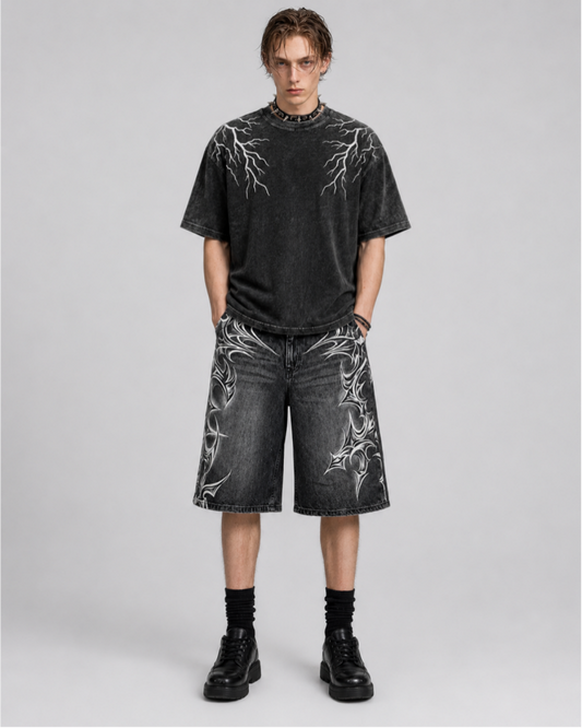 American Vintage Washed Tribal Print Denim Shorts