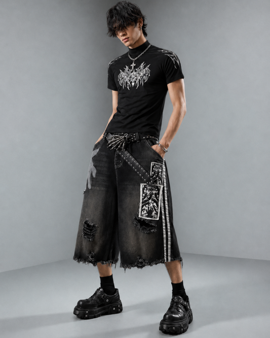 Distressed Gothic Graphic Denim Shorts( Belt included )