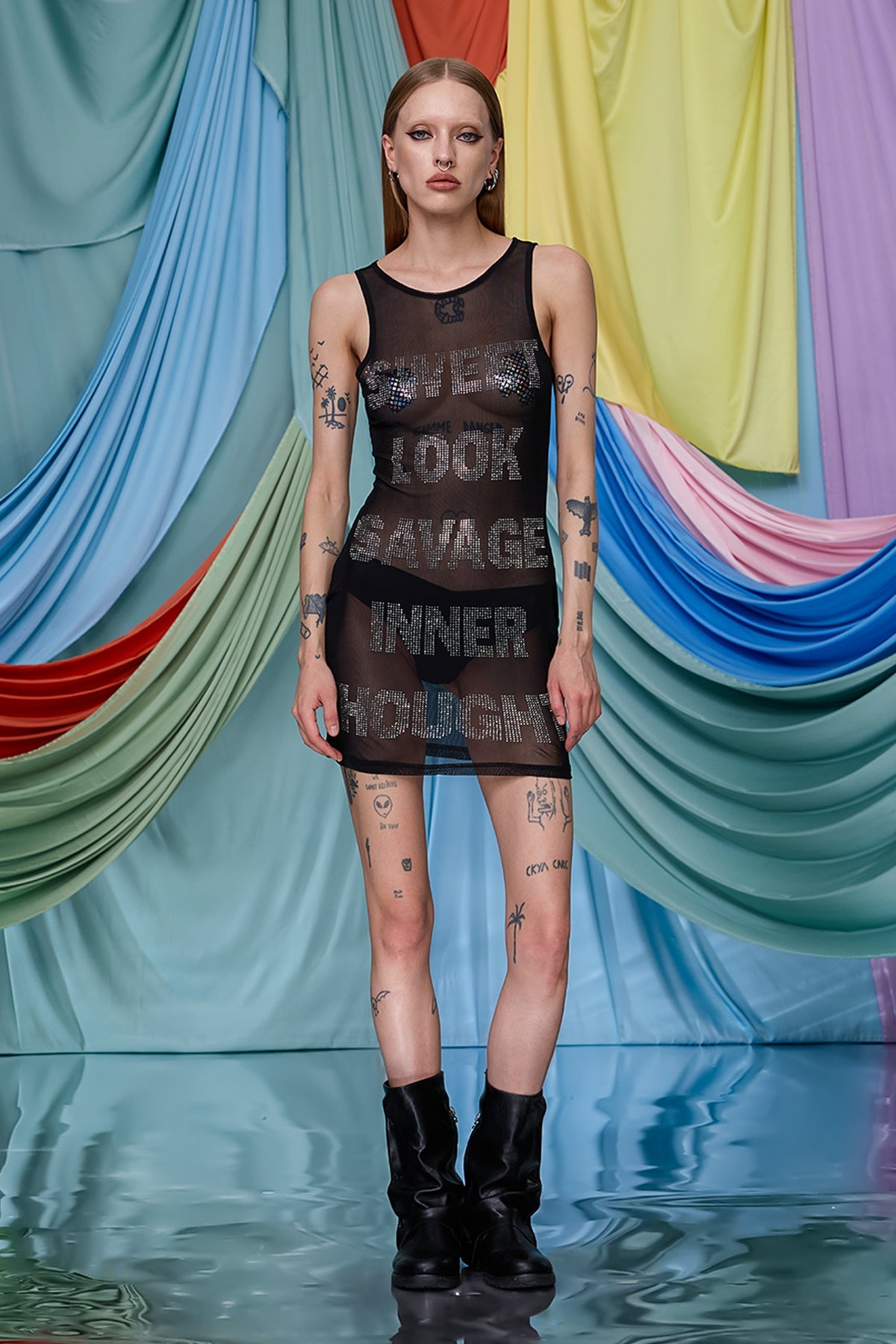 Composite Wear Mesh Rhinestone Mini Dress