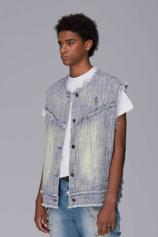 Distressed Denim Vest - Washed Rivet & Frayed Hem Design
