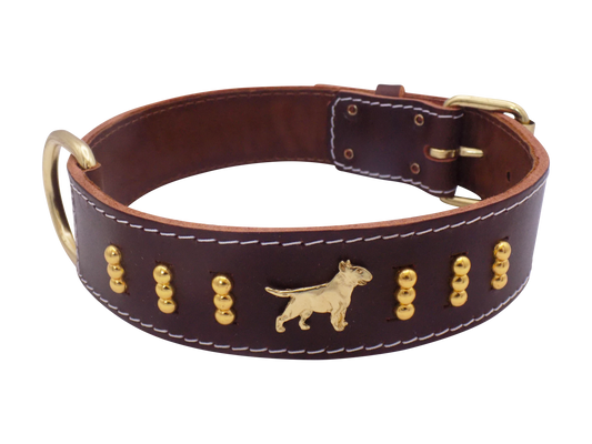 1.5" wide Leather Dog Collar with Decorative Gold Design and English Bull Terrier Badges