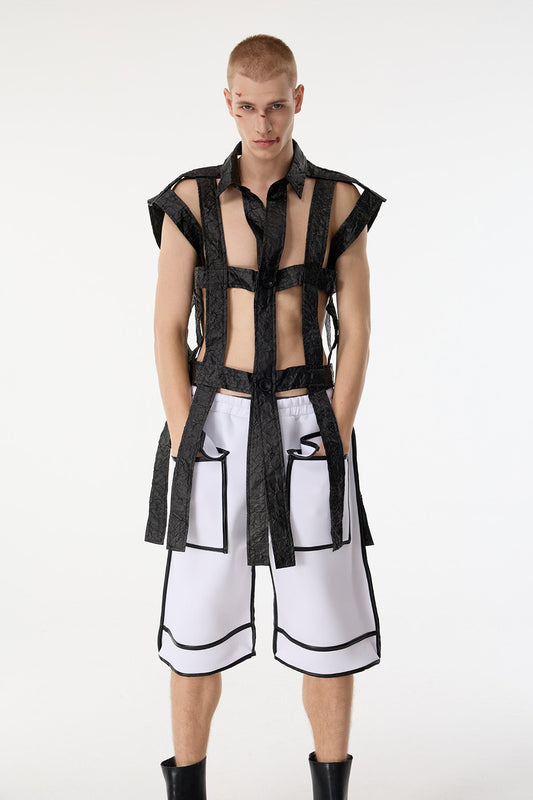 Dark Mesh Sleeveless Cutout Shirts Black