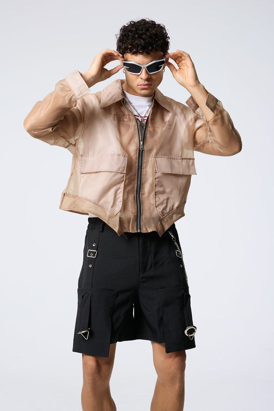 Fabric Clash Mesh Jacket Khaki