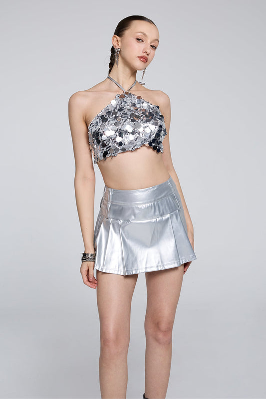 Facet Control Sequin Halter Neck Crop Top