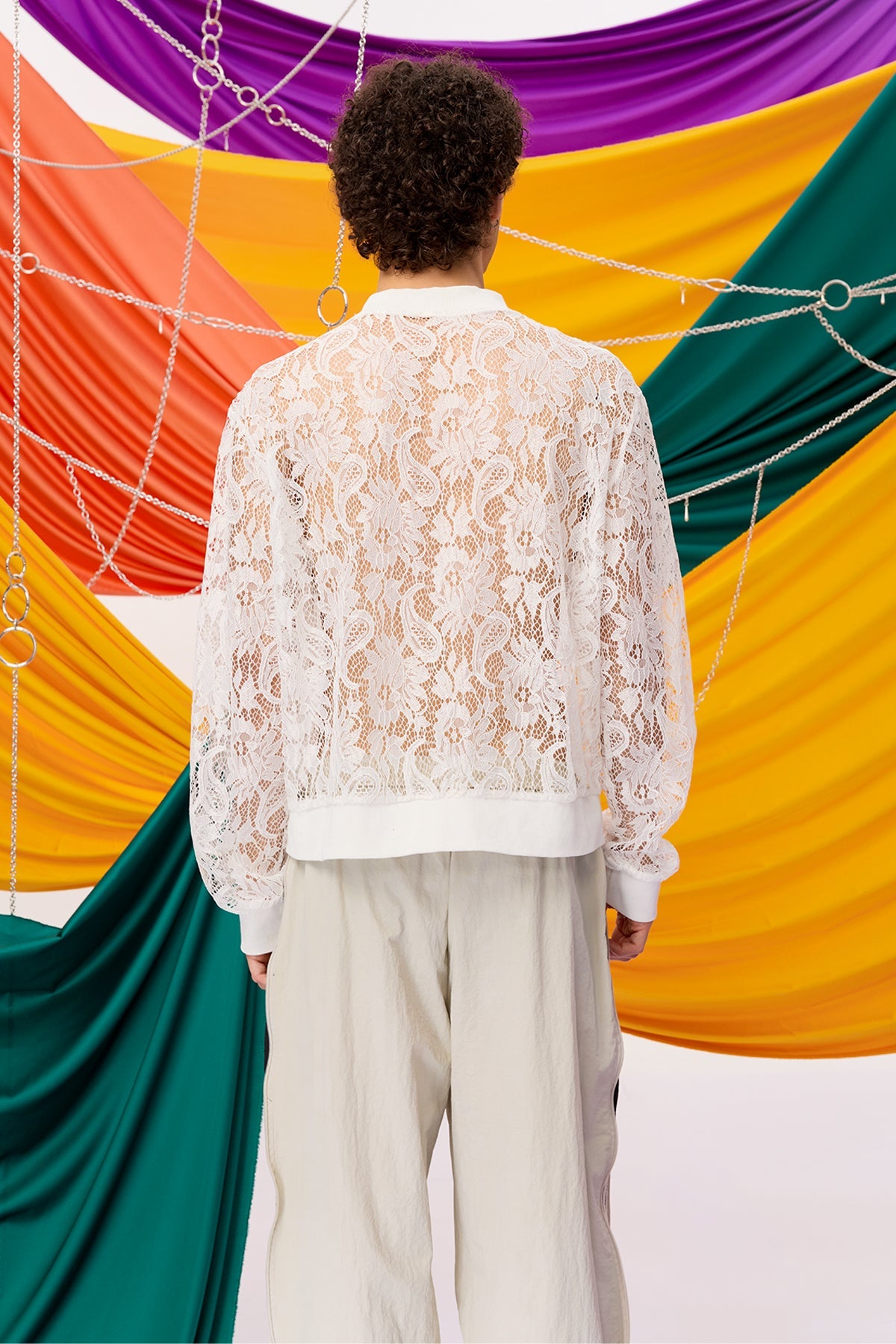 Fade Contour Lace Zipper Jacket White