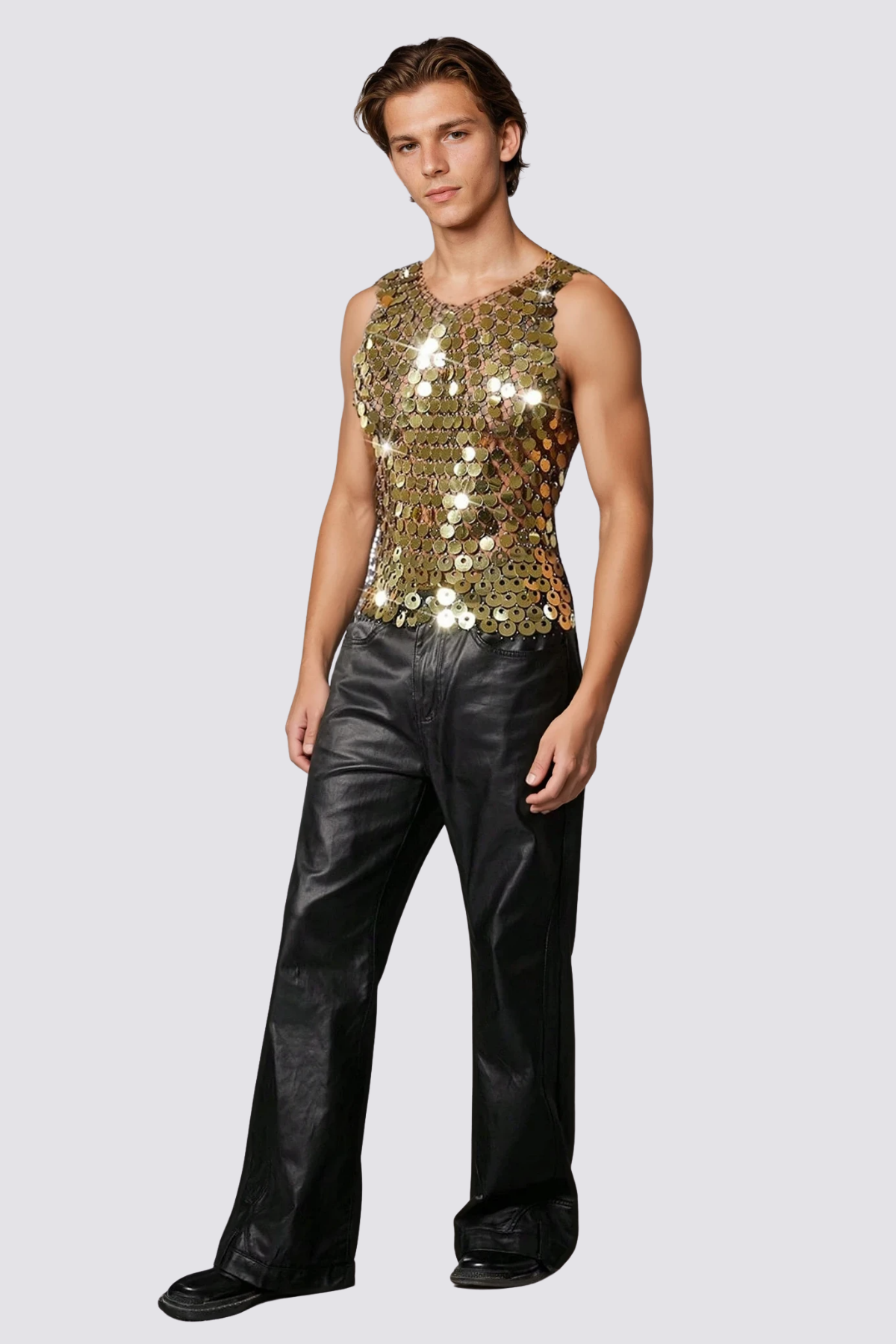 Flash Shine Sequin Rhinestone Mesh Top Gold
