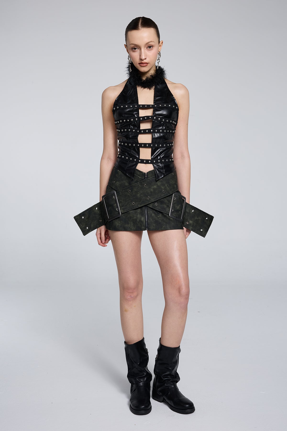 Flex Band Halter Neck Cutout Leather Rivet Top