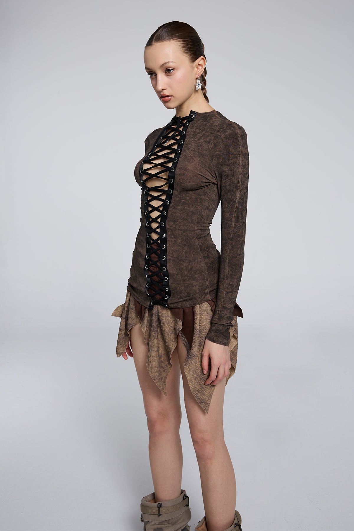 Fluid Shadow Long Sleeve Lace Up Top