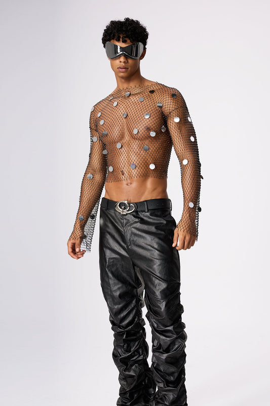 Glimmer Burst Long Sleeve Rhinestone Mesh Crop Top