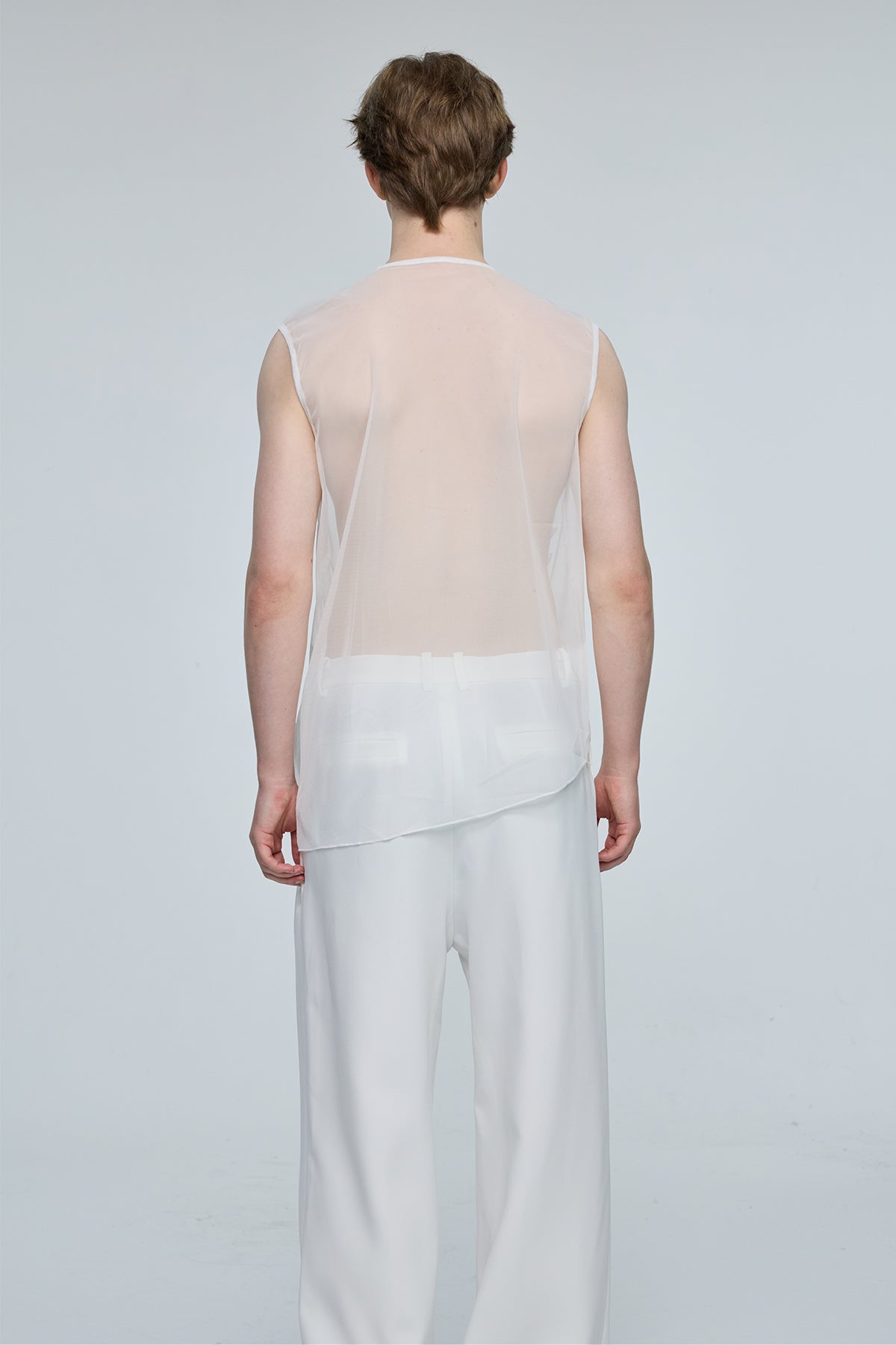 Global Glow Mesh Ruffle Sleeveless Top White