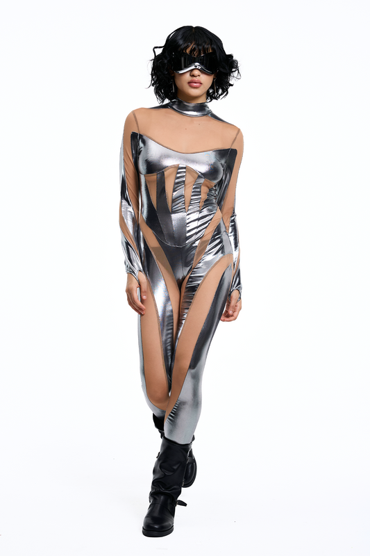 Grid Mood Mesh Long Sleeve Jumpsuit