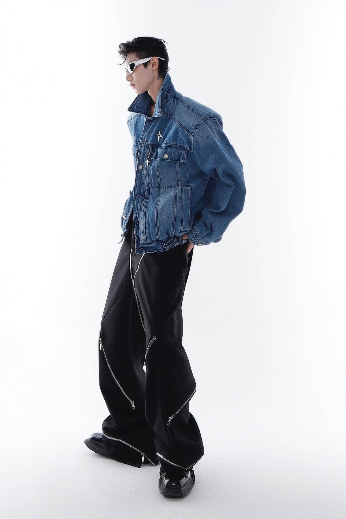 Heavyweight Denim Jacket - Washed Shoulder Pads & Metal Zipper Design