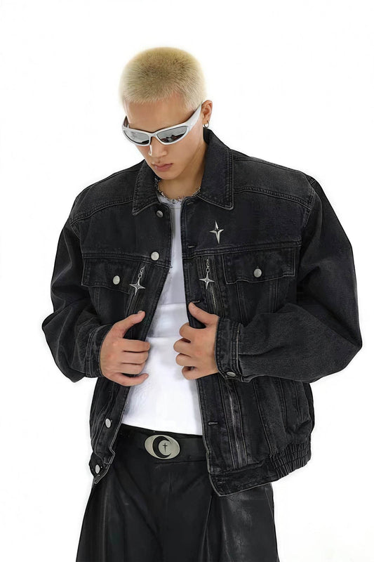 Heavyweight Denim Jacket - Washed Shoulder Pads & Metal Zipper Design