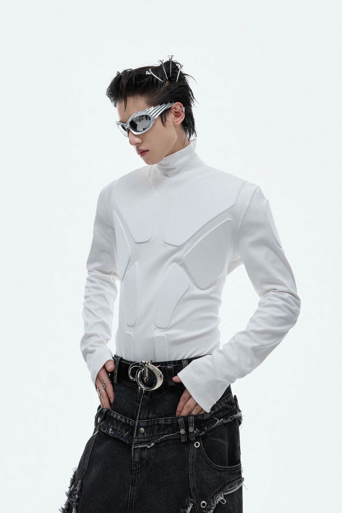 Heavy-Duty Armor-Inspired Black High Neck Long Sleeve Top - Slim Fit & Versatile