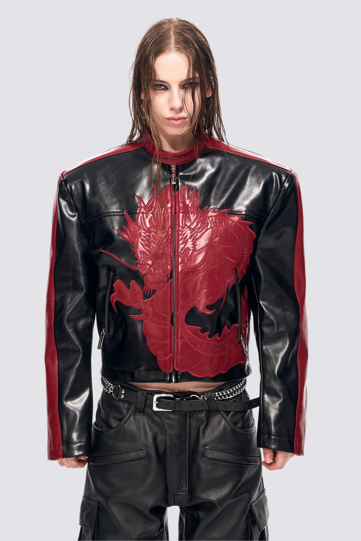 Jet Grip Embroidered Dragon Crop Jacket Red