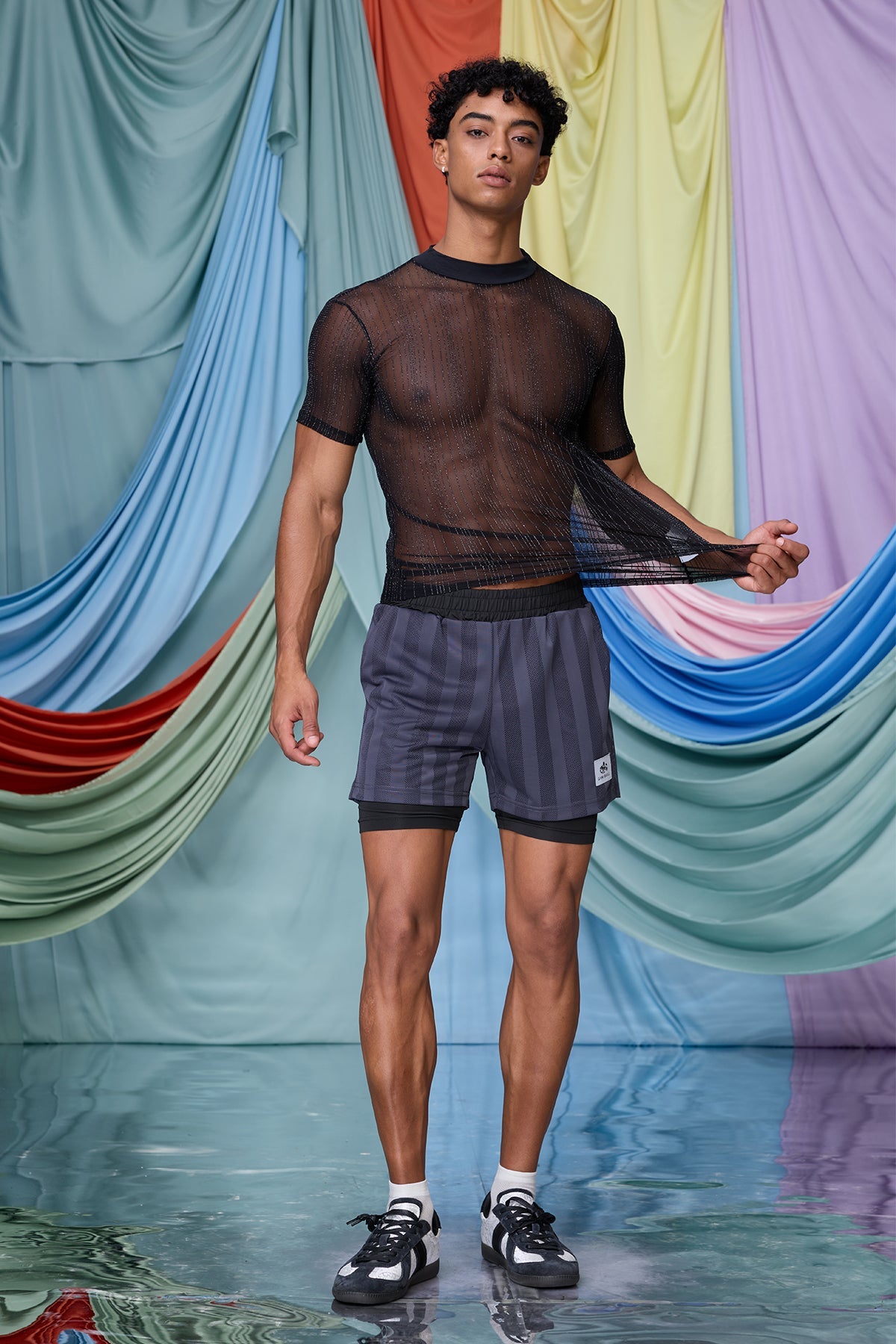 Linear Rise Stripe Shorts Grey