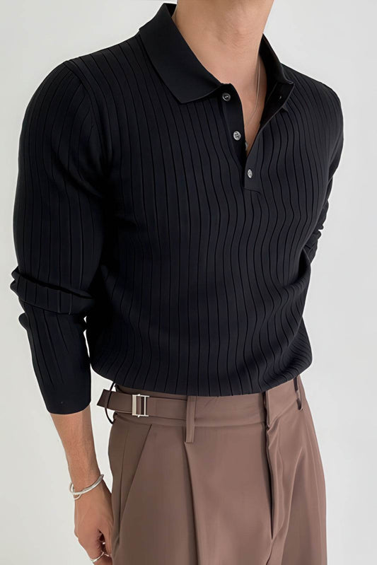 Men's Knit Polo Shirt - Muscle Fit Striped Long Sleeve Top