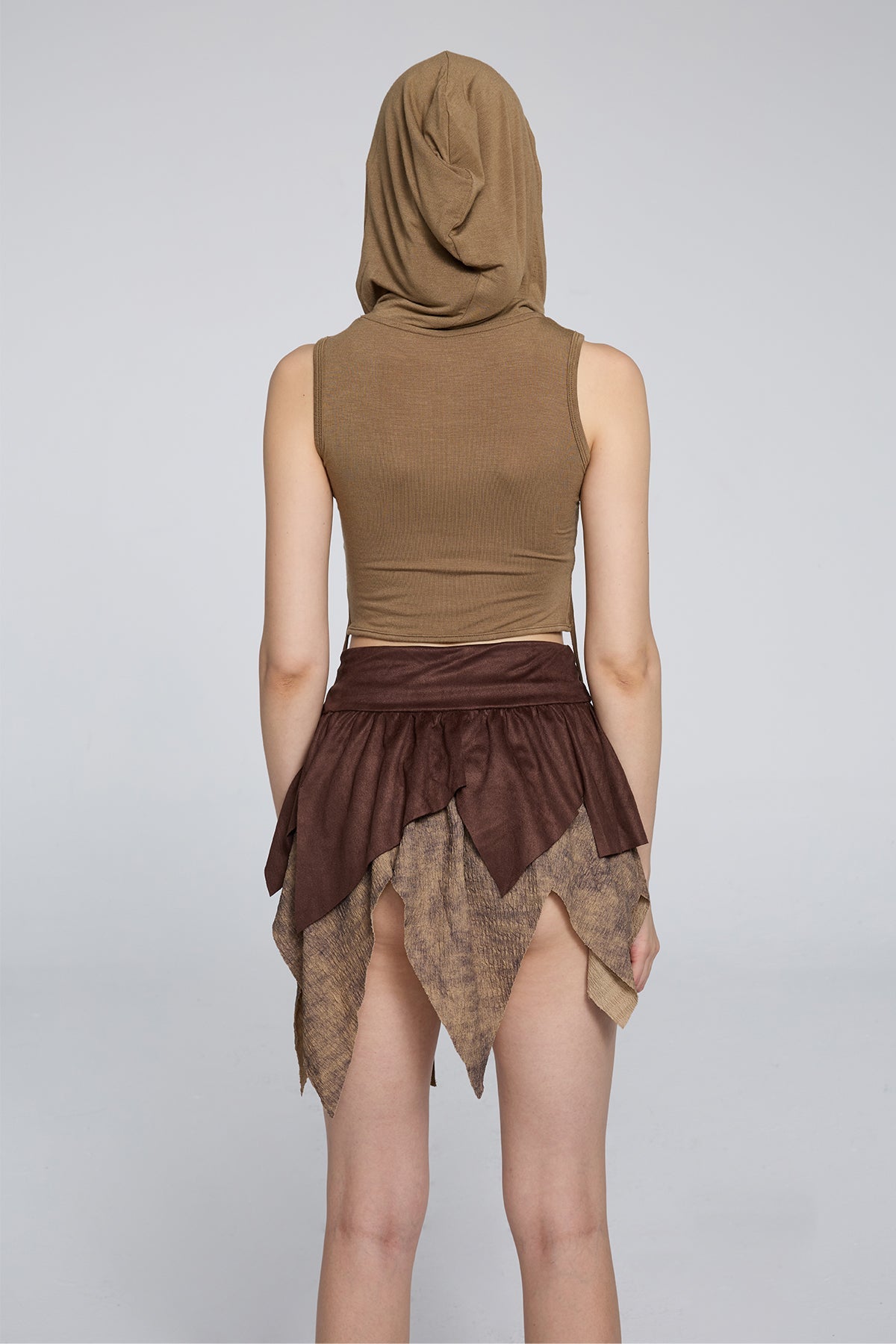 Midriff Aperture Sleeveless Hooded Fringe Crop Top