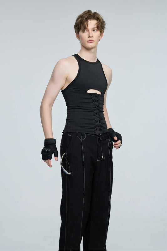 Mist Wave Mesh Lace Up Cutout Top
