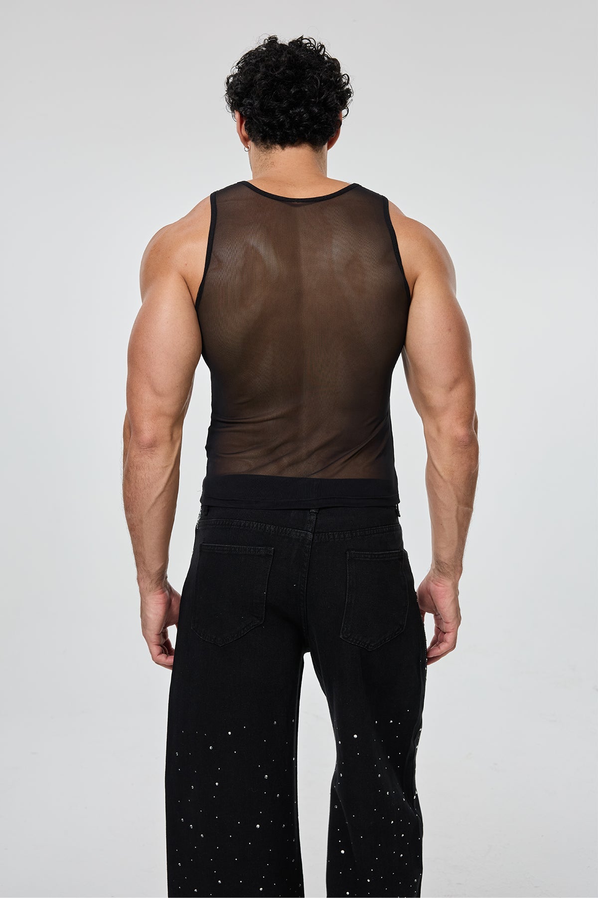 Mixed Surface Sleeveless Rhinestone Mesh Top