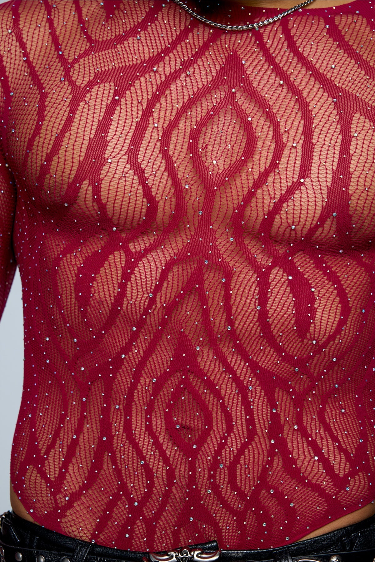 Nova Stud Rhinestone Cutout Long Sleeve Bodysuit Wine