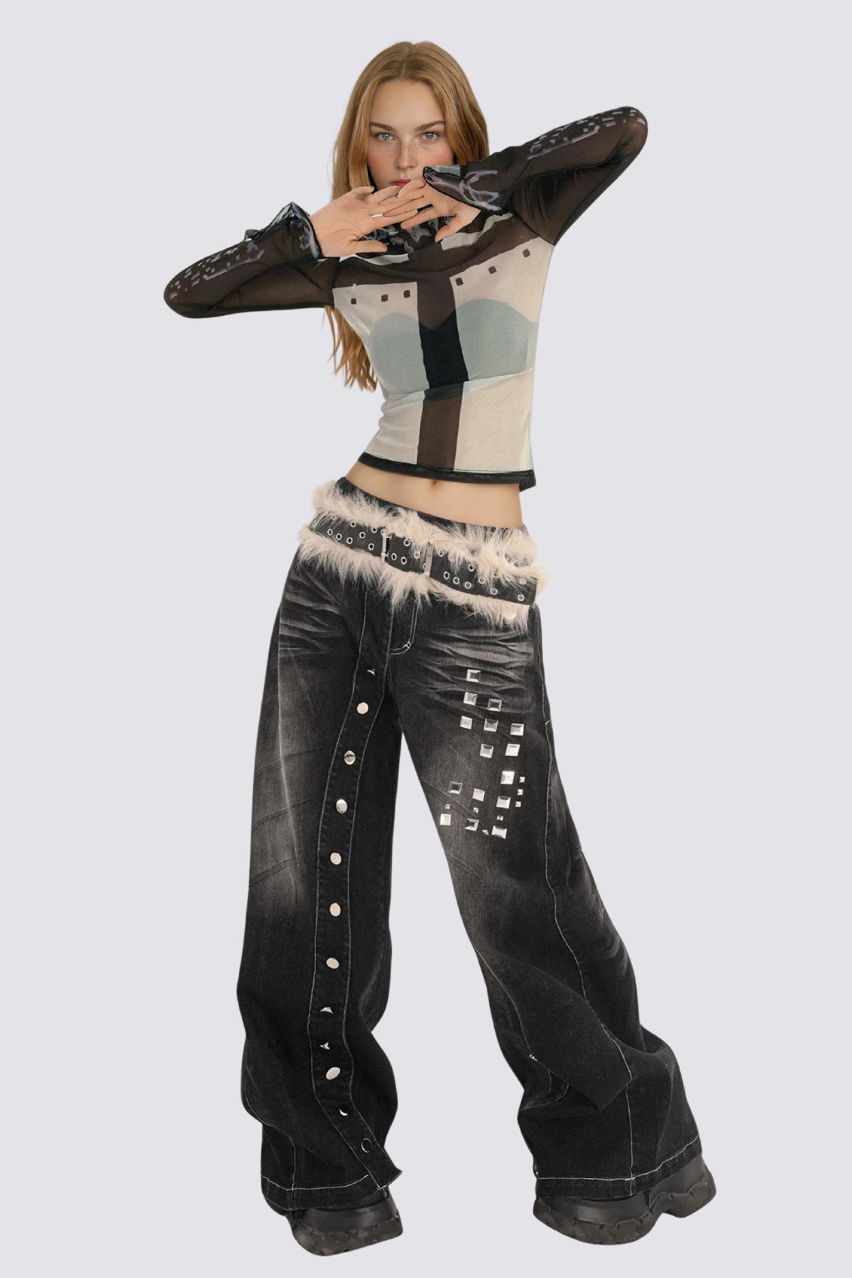 Pure Veil Long Sleeve Mesh Print Top