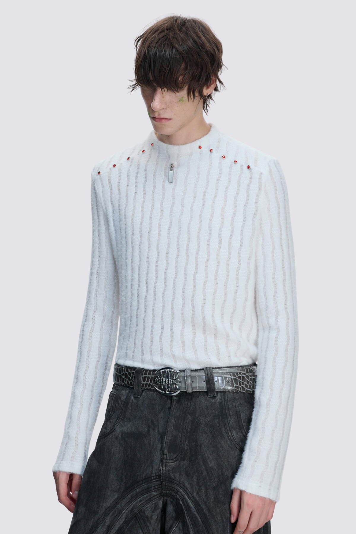 Quiet Density Rhinestone Long Sleeve Top White