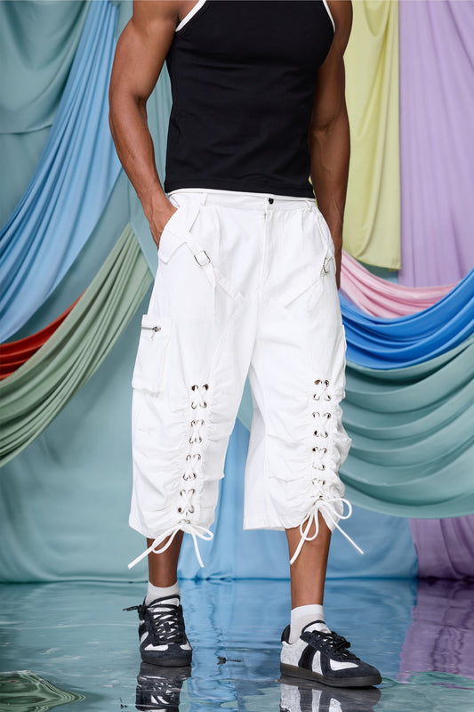 Raw Flare Lace Up Capri Pants White