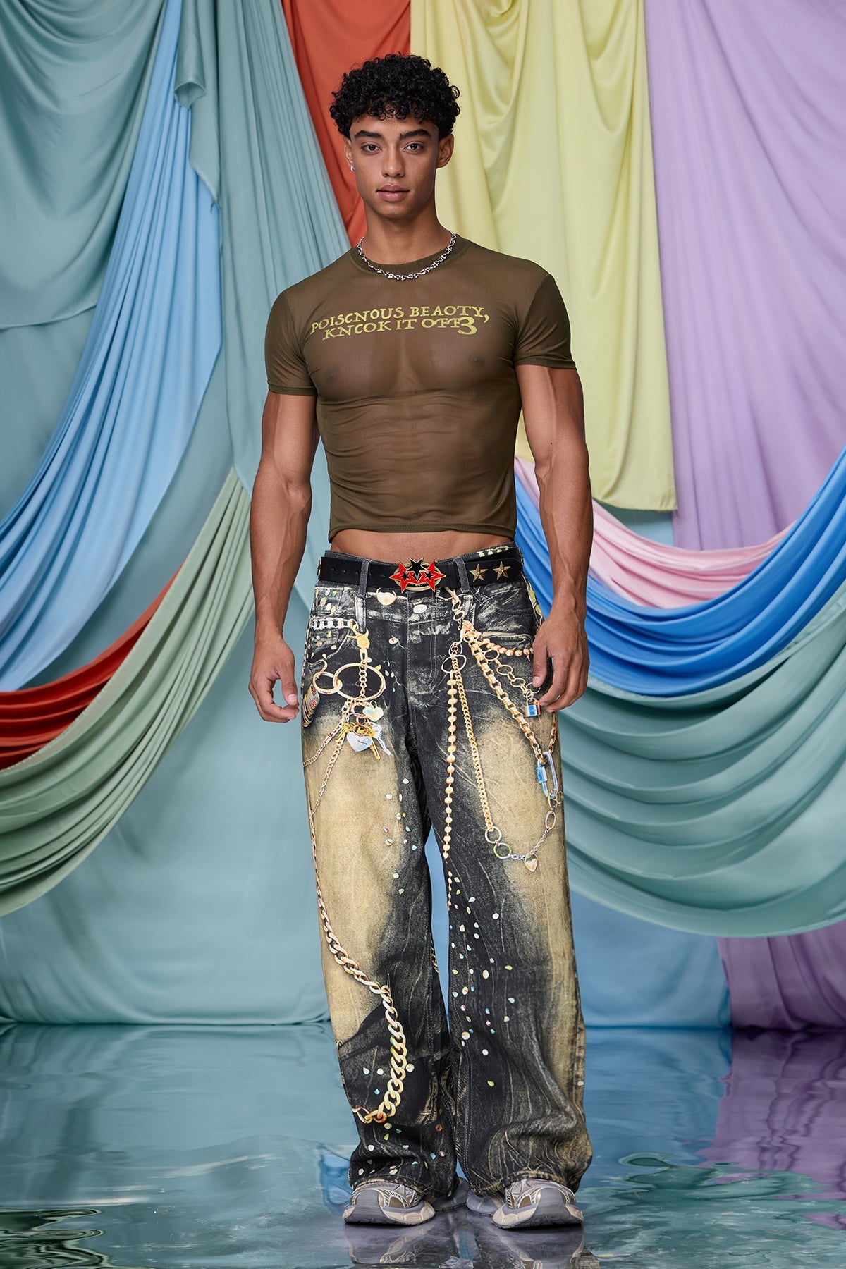 Raw Junction Mesh Print Crop Top
